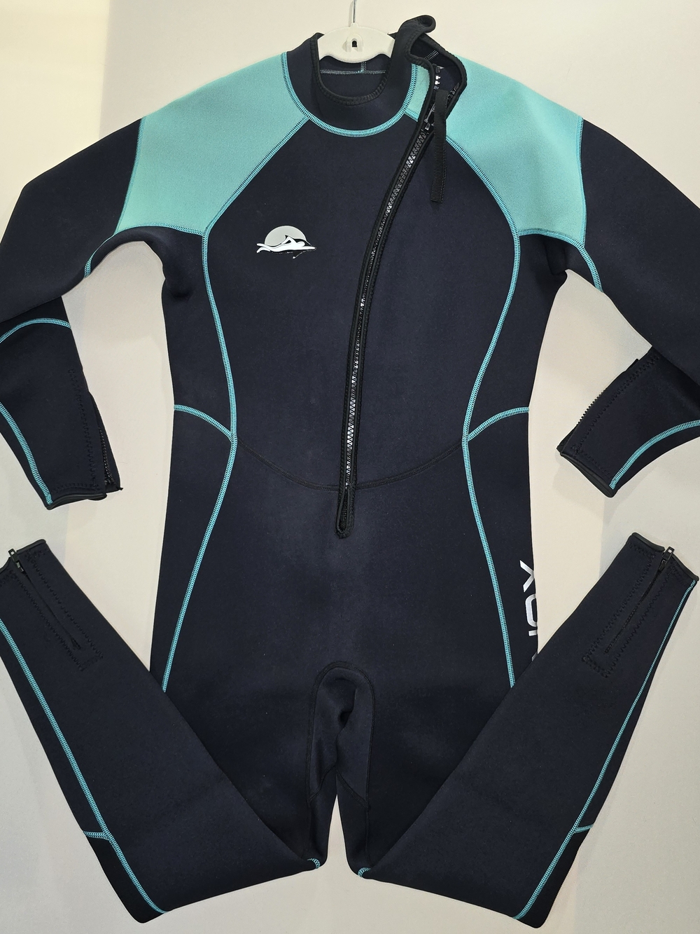 Mens Full Wetsuit Black & Teal Front Zip Size M Surf Swim Diving Suit